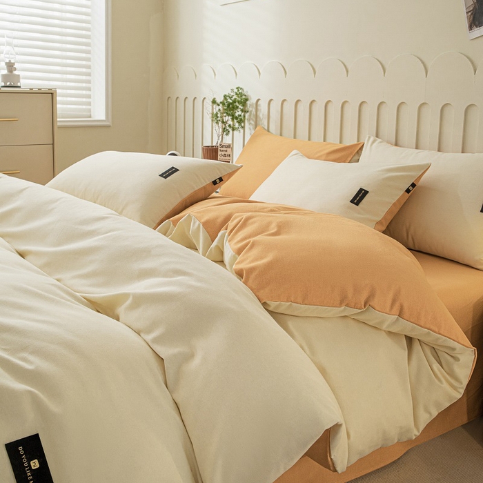 91家纺网 家纺一手货源 找家纺 涵宸家纺 2024新款原棉纯色织标磨毛单品及套件--四件套 奶昔白+桔