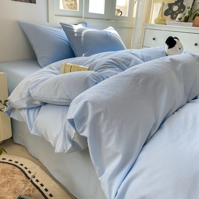 91家纺网 家纺一手货源 找家纺 繁花 2024新款纯色水洗棉素色四件套 海盐蓝