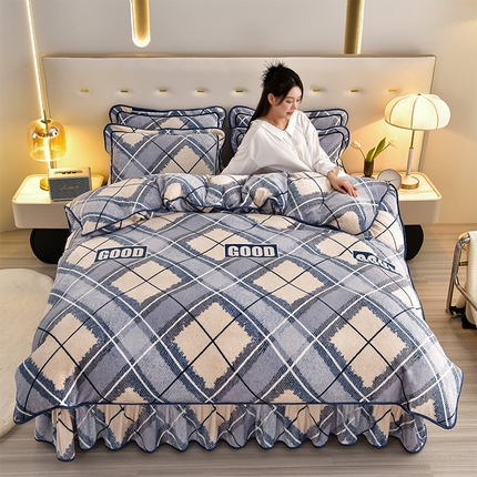 馨梦缘 2025新款小包边款牛奶绒8.5斤高克重牛奶绒金雕绒床裙款四件套 英伦时尚