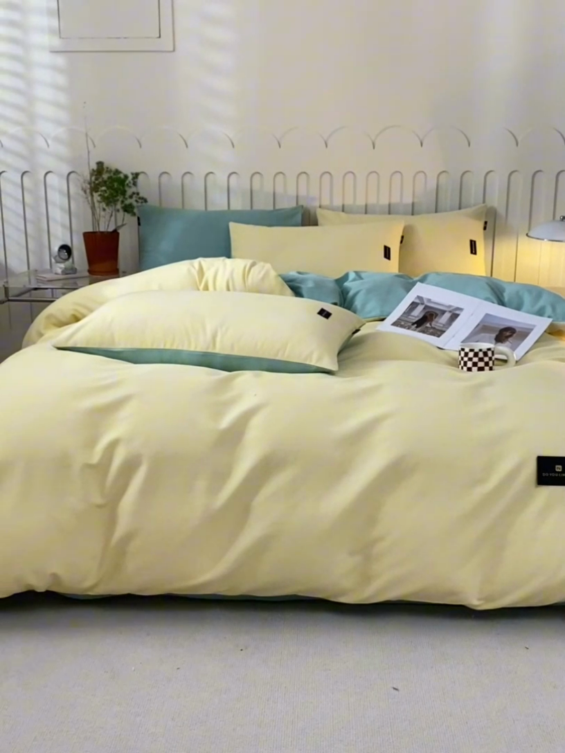 91家纺网 家纺一手货源 找家纺 涵宸家纺 2024新款原棉纯色织标磨毛单品及套件--四件套 奶黄+豆绿