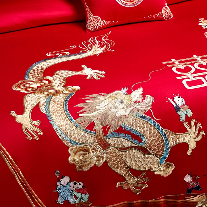 91家纺网 家纺一手货源 找家纺 宏羽纺家纺 2024新款13372纯棉婚庆套件系列 龙凤呈禧