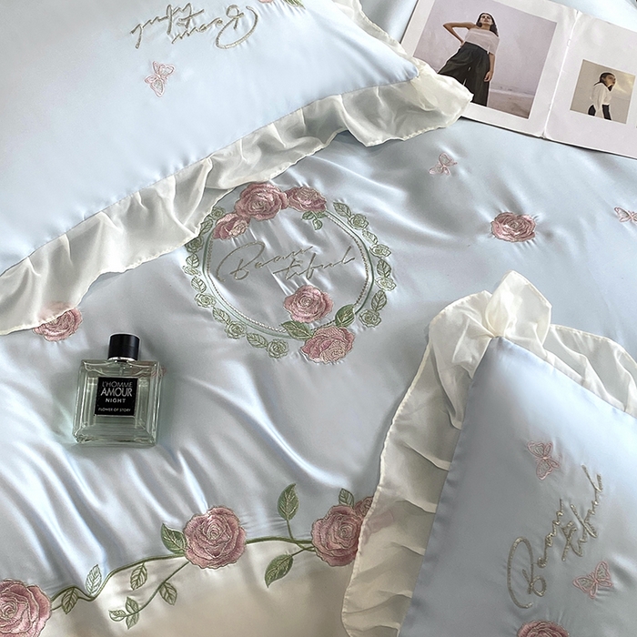 91家纺网 家纺一手货源 找家纺 （总）优悦生活馆 2024新款刺绣款磨毛四件套-假日玫瑰