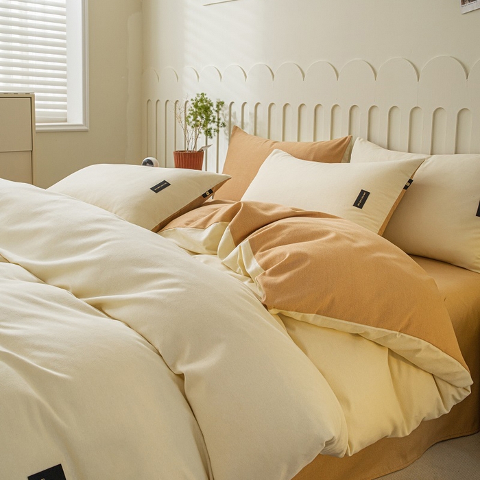 91家纺网 家纺一手货源 找家纺 涵宸家纺 2024新款原棉纯色织标磨毛单品及套件--四件套 奶昔白+咖