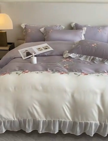 91家纺网 家纺一手货源 找家纺 优悦生活馆 2024新款刺绣款磨毛四件套-假日玫瑰 假日玫瑰-紫