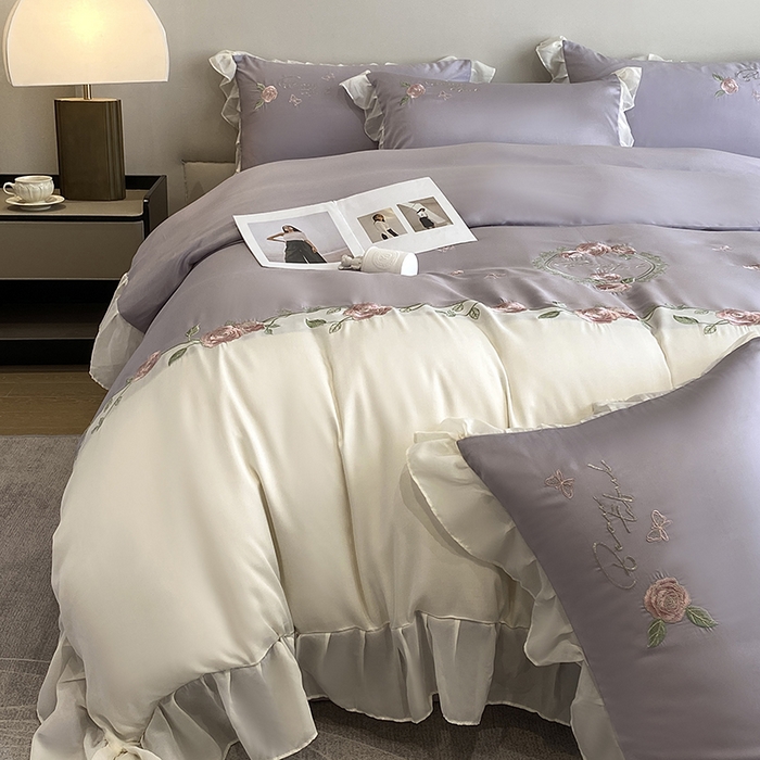 91家纺网 家纺一手货源 找家纺 优悦生活馆 2024新款刺绣款磨毛四件套-假日玫瑰 假日玫瑰-紫