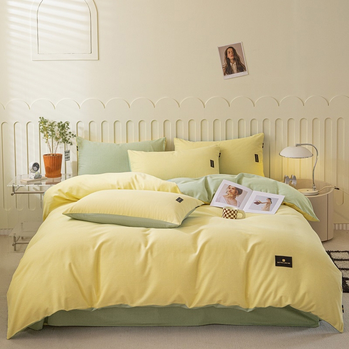 91家纺网 家纺一手货源 找家纺 涵宸家纺 2024新款原棉纯色织标磨毛单品及套件--四件套 奶黄+豆绿