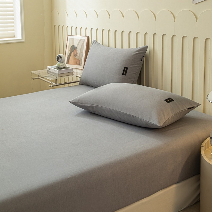 91家纺网 家纺一手货源 找家纺 涵宸家纺 2024新款原棉纯色织标磨毛单品及套件--床笠 单床笠-中灰