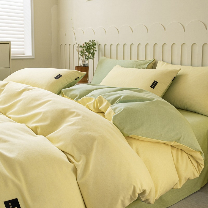 91家纺网 家纺一手货源 找家纺 涵宸家纺 2024新款原棉纯色织标磨毛单品及套件--四件套 奶黄+豆绿