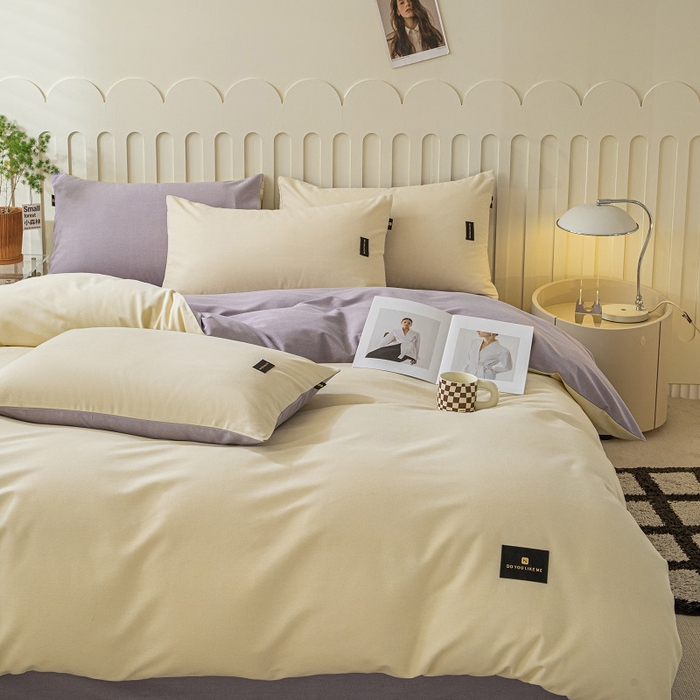 91家纺网 家纺一手货源 找家纺 涵宸家纺 2024新款原棉纯色织标磨毛单品及套件--被套 奶昔白+烟紫