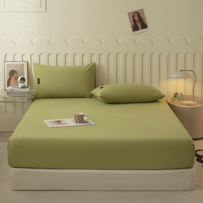 91家纺网 家纺一手货源 找家纺 涵宸家纺 2024新款原棉纯色织标磨毛单品及套件--床笠 单床笠-草绿