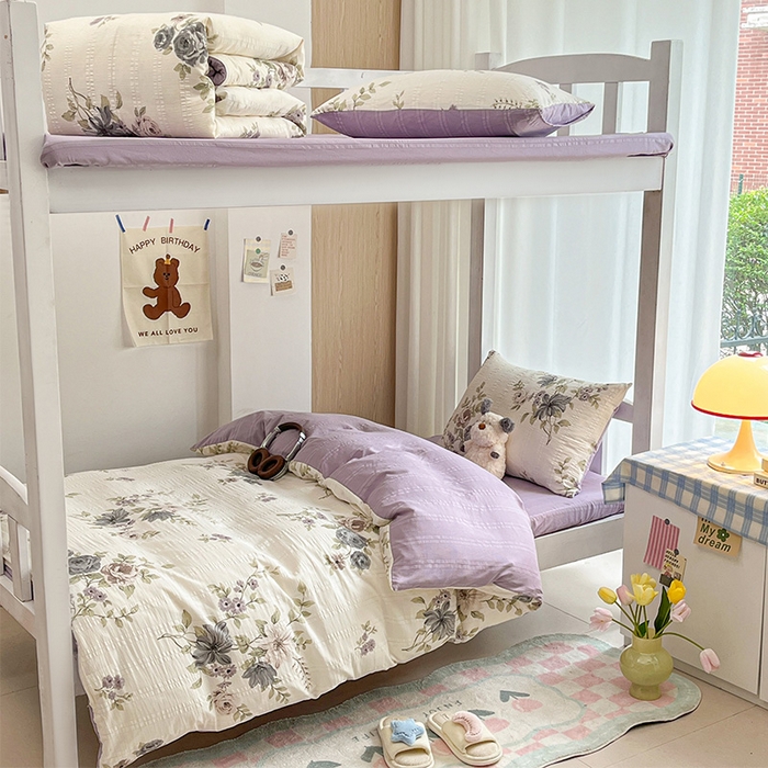 91家纺网 家纺一手货源 找家纺 安哆啦家纺 2024新款A类有氧泡泡纱云纱棉学生季宿舍床三四件套 法式花朵