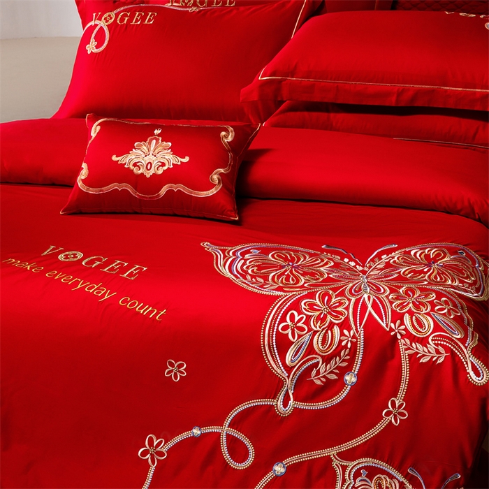 91家纺网 家纺一手货源 找家纺 宏羽纺家纺 2024新款13372纯棉小红书跑量款婚庆套件系列 亦蝶-中国红