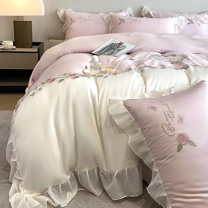 91家纺网 家纺一手货源 找家纺 优悦生活馆 2024新款刺绣款磨毛四件套-假日玫瑰 假日玫瑰-粉