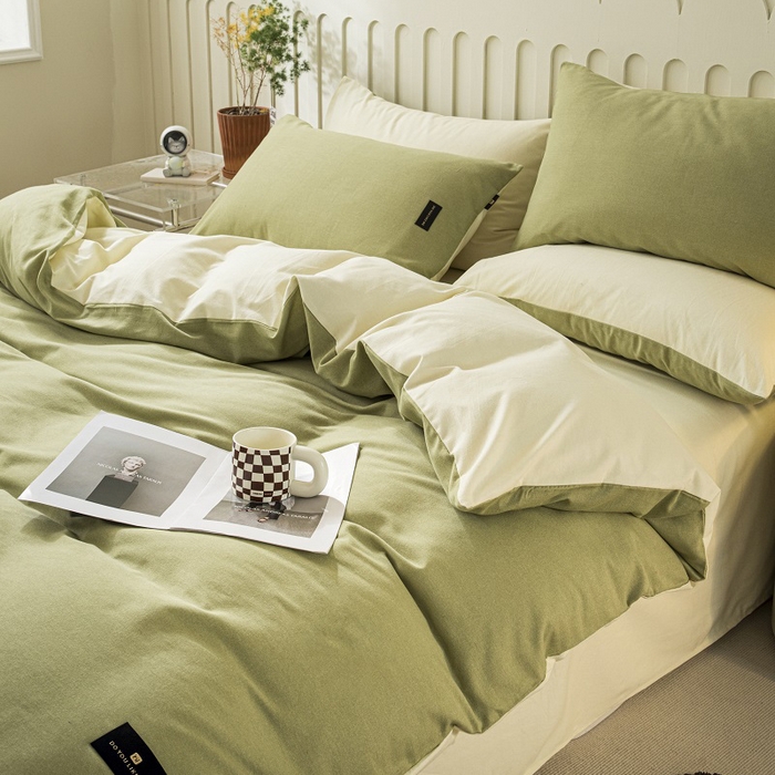 91家纺网 家纺一手货源 找家纺 涵宸家纺 2024新款原棉纯色织标磨毛单品及套件--四件套 草绿+奶昔白