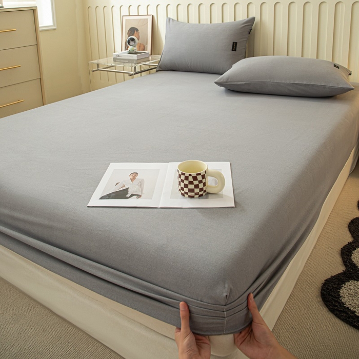 91家纺网 家纺一手货源 找家纺 涵宸家纺 2024新款原棉纯色织标磨毛单品及套件--床笠 单床笠-中灰