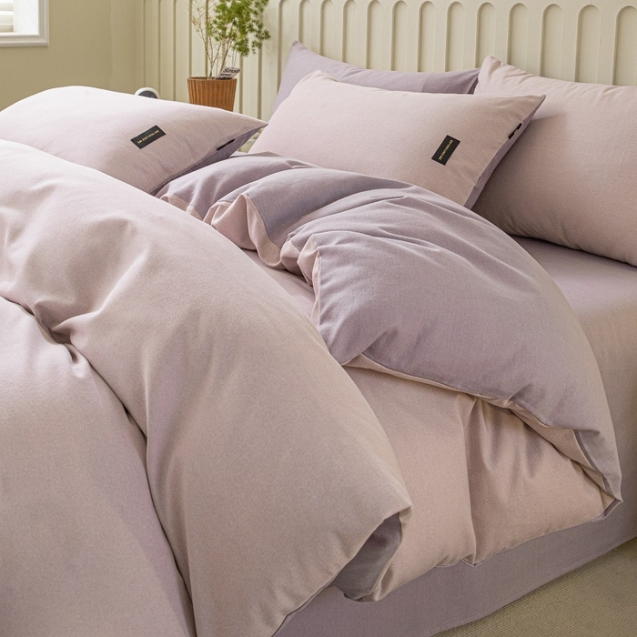 91家纺网 家纺一手货源 找家纺 涵宸家纺 2024新款原棉纯色织标磨毛单品及套件--四件套 浅紫+烟紫