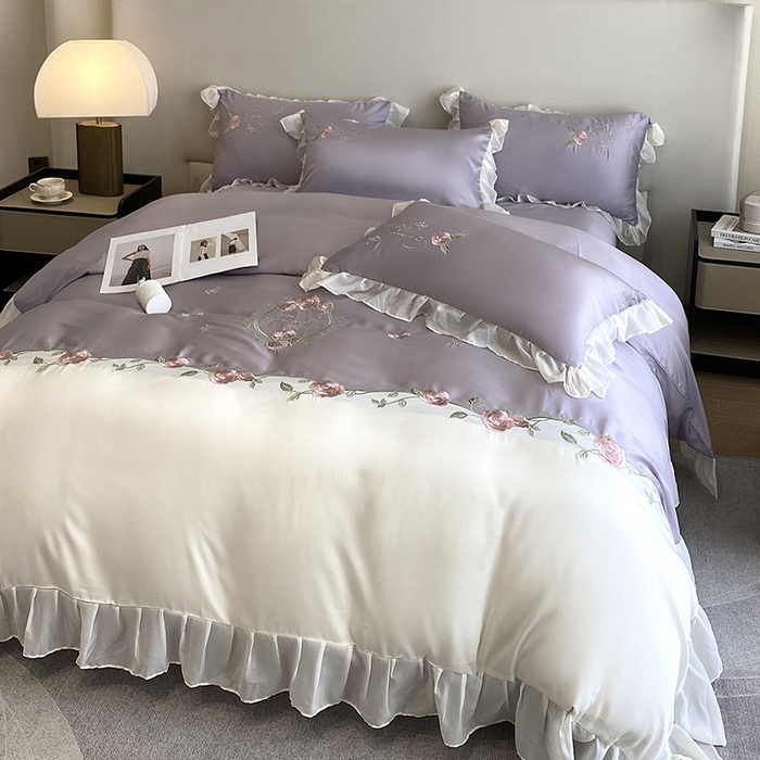 91家纺网 家纺一手货源 找家纺 优悦生活馆 2024新款刺绣款磨毛四件套-假日玫瑰 假日玫瑰-紫