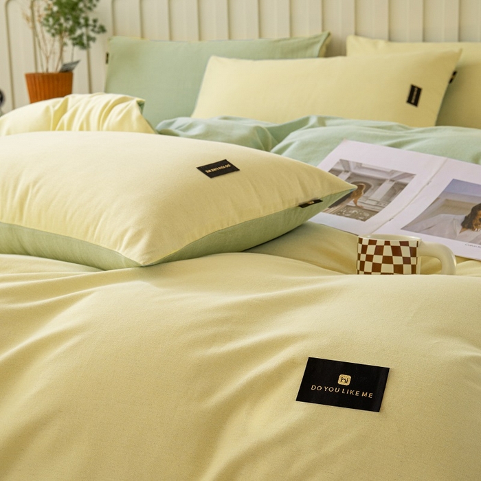 91家纺网 家纺一手货源 找家纺 涵宸家纺 2024新款原棉纯色织标磨毛单品及套件--四件套 奶黄+豆绿