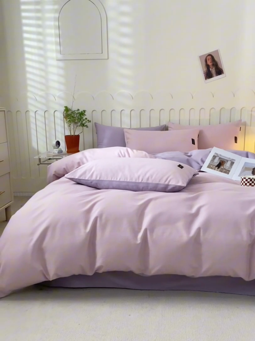 91家纺网 家纺一手货源 找家纺 涵宸家纺 2024新款原棉纯色织标磨毛单品及套件--四件套 浅紫+烟紫