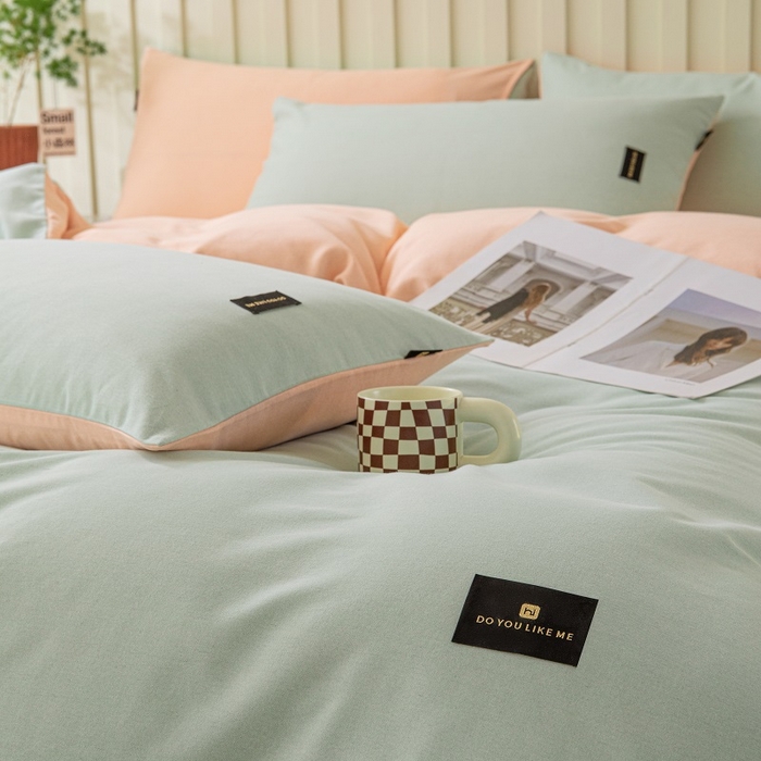 91家纺网 家纺一手货源 找家纺 涵宸家纺 2024新款原棉纯色织标磨毛单品及套件--被套 浅绿+粉