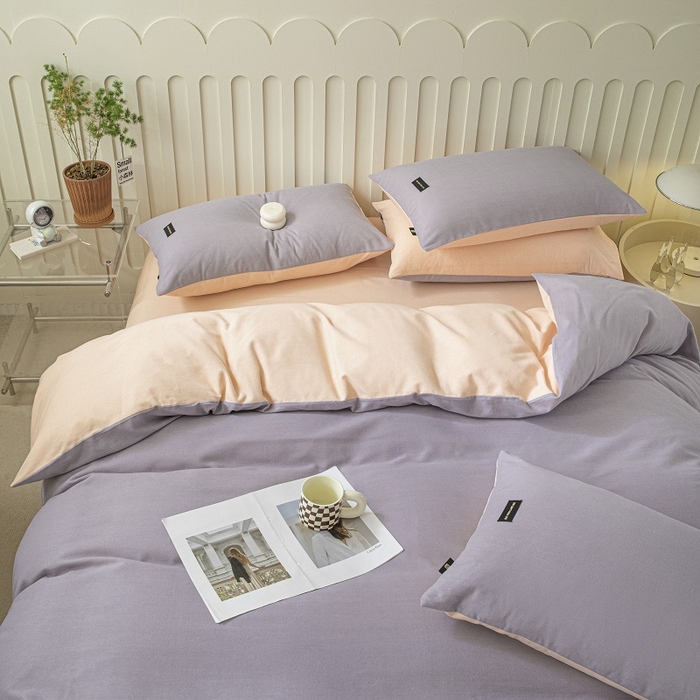 91家纺网 家纺一手货源 找家纺 涵宸家纺 2024新款原棉纯色织标磨毛单品及套件--四件套 烟紫+粉