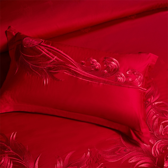 91家纺网 家纺一手货源 找家纺 宏羽纺家纺 2024新款高支高密纯棉提花婚庆套件系列（控价680） 凤凰来仪-红