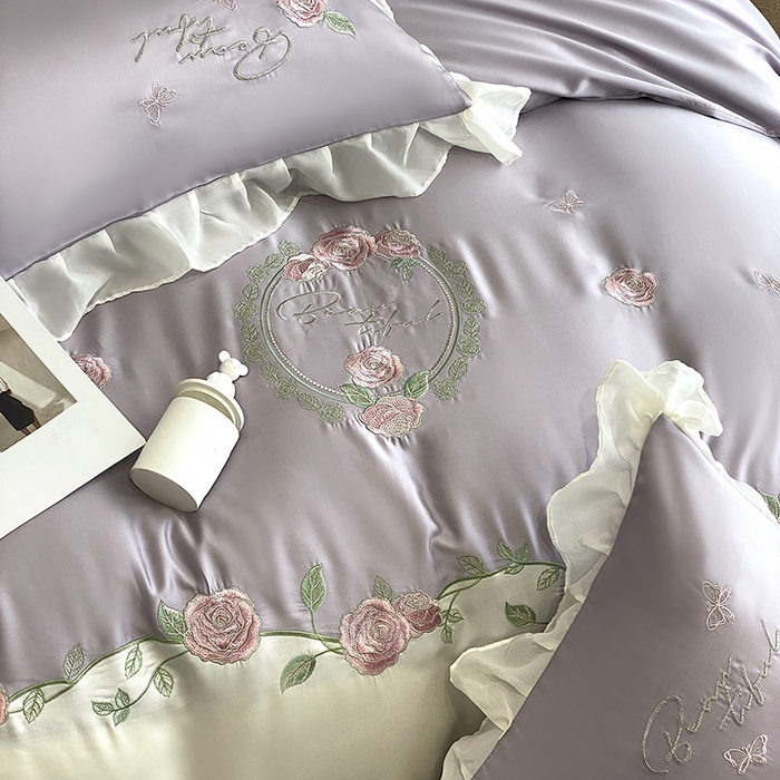 91家纺网 家纺一手货源 找家纺 优悦生活馆 2024新款刺绣款磨毛四件套-假日玫瑰 假日玫瑰-紫