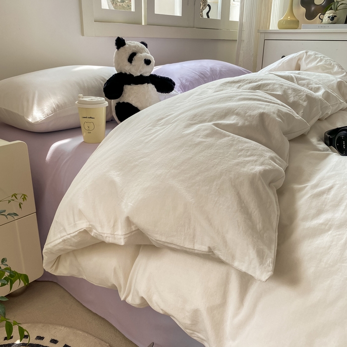 91家纺网 家纺一手货源 找家纺 繁花 2024新款纯色水洗棉素色四件套 可可白+紫