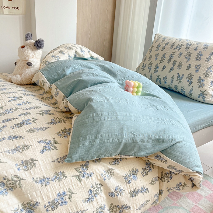 91家纺网 家纺一手货源 找家纺 安哆啦家纺 2024新款A类有氧泡泡纱云纱棉学生季宿舍床三四件套 蓝梦里