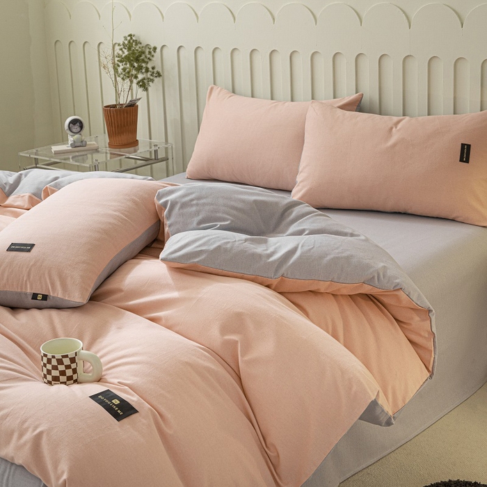 91家纺网 家纺一手货源 找家纺 涵宸家纺 2024新款原棉纯色织标磨毛单品及套件--被套 粉+浅灰