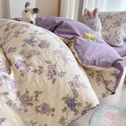 91家纺网 家纺一手货源 找家纺 安哆啦家纺 2024新款A类有氧泡泡纱云纱棉学生季宿舍床三四件套 花园兔