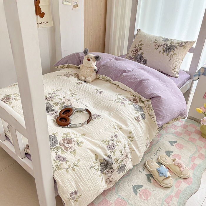 91家纺网 家纺一手货源 找家纺 安哆啦家纺 2024新款A类有氧泡泡纱云纱棉学生季宿舍床三四件套 法式花朵