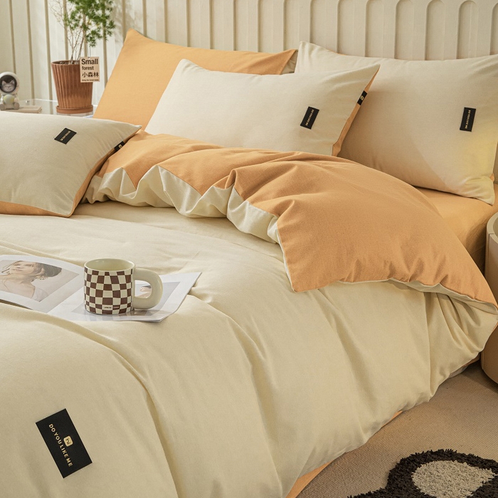 91家纺网 家纺一手货源 找家纺 涵宸家纺 2024新款原棉纯色织标磨毛单品及套件--四件套 奶昔白+桔