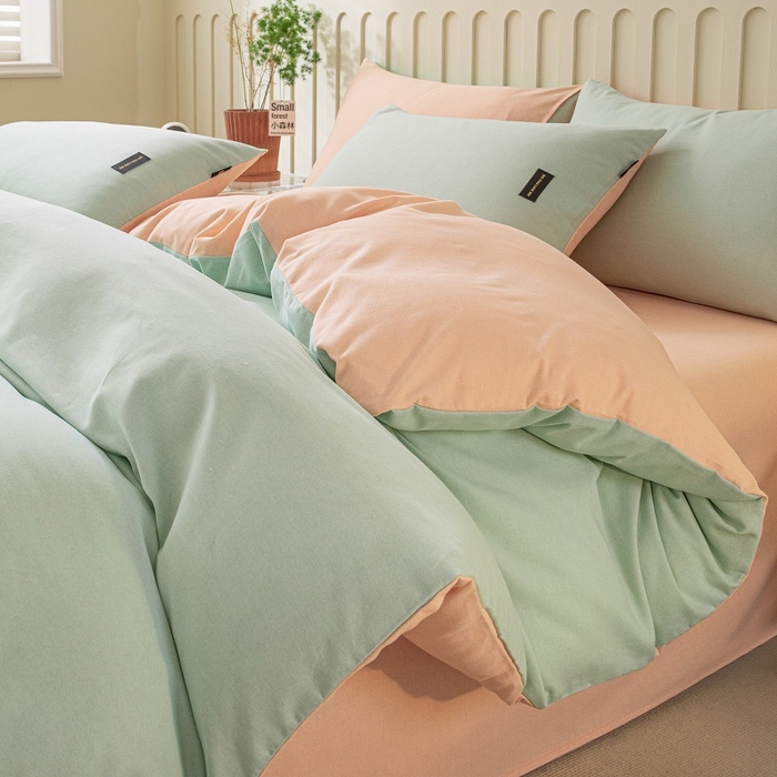 91家纺网 家纺一手货源 找家纺 涵宸家纺 2024新款原棉纯色织标磨毛单品及套件--被套 浅绿+粉