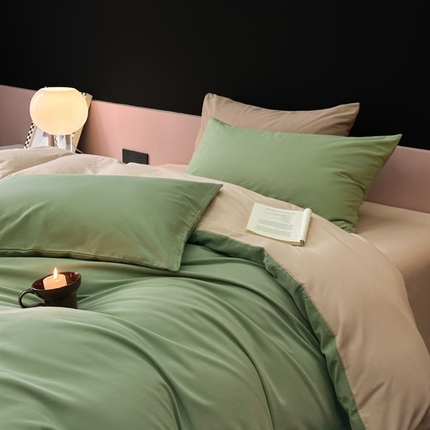 柠馨 2024新款全棉磨毛纯色四件套-赫尔墨斯系列 10亚丁绿+浅米咖