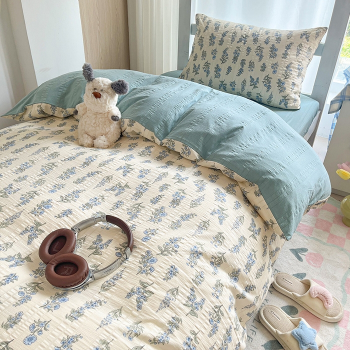 91家纺网 家纺一手货源 找家纺 安哆啦家纺 2024新款A类有氧泡泡纱云纱棉学生季宿舍床三四件套 蓝梦里