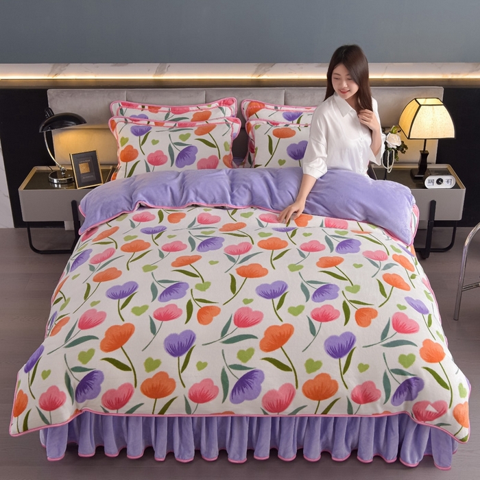 91家纺网 家纺一手货源 找家纺 锦铭源2025年7斤加厚印花牛奶绒四件套水晶法莱金貂绒床裙款花恋