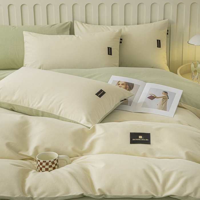 91家纺网 家纺一手货源 找家纺 涵宸家纺 2024新款原棉纯色织标磨毛单品及套件--四件套 奶昔白+豆绿