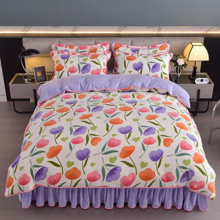 91家纺网 家纺一手货源 找家纺 锦铭源2025年7斤加厚印花牛奶绒四件套水晶法莱金貂绒床裙款花恋