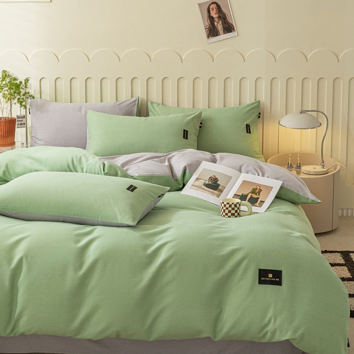91家纺网 家纺一手货源 找家纺 涵宸家纺 2024新款原棉纯色织标磨毛单品及套件--被套 豆绿+浅灰