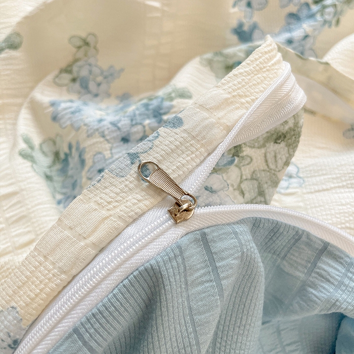 91家纺网 家纺一手货源 找家纺 安哆啦家纺 2024新款A类有氧泡泡纱云纱棉学生季宿舍床三四件套 绣球蓝