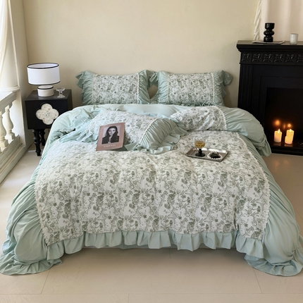 91家纺网 家纺一手货源 找家纺 豪美鑫 2025新款亲肤棉刺韩版花边锦瑟系列四件套 锦瑟-暮蓝