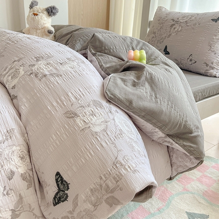 91家纺网 家纺一手货源 找家纺 安哆啦家纺 2024新款A类有氧泡泡纱云纱棉学生季宿舍床三四件套 蝶恋花