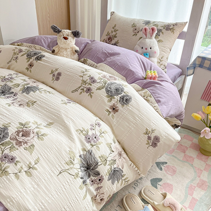 91家纺网 家纺一手货源 找家纺 安哆啦家纺 2024新款A类有氧泡泡纱云纱棉学生季宿舍床三四件套 法式花朵