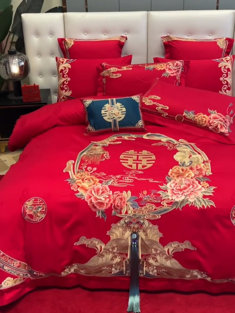 91家纺网 家纺一手货源 找家纺 宏羽纺家纺 2024新款高支高密纯棉提花婚庆套件系列（控价680） 天赐良缘-红