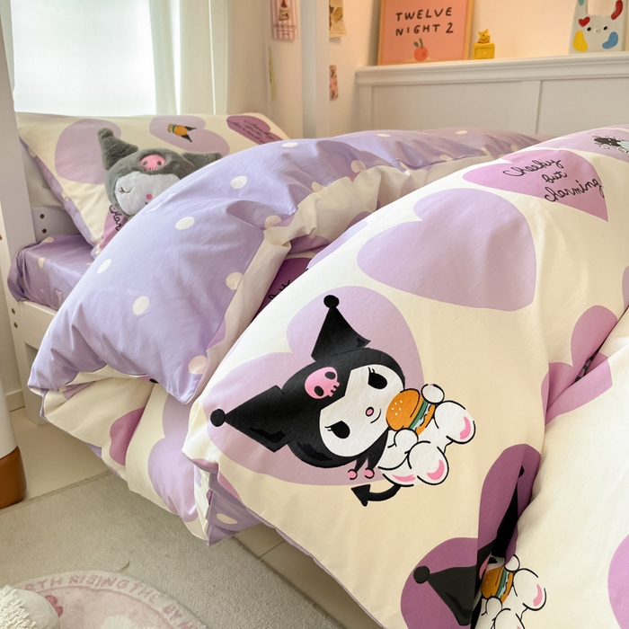 91家纺网 家纺一手货源 找家纺 2024新款三丽鸥授权全棉少女印花系列学生三件套四件套 棉三丽鸥-紫爱心库洛米