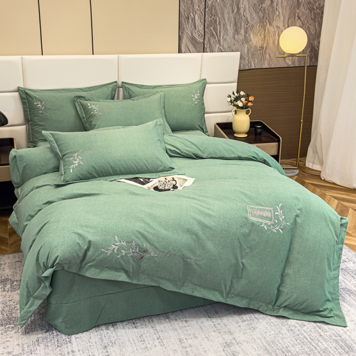 91家纺网 家纺一手货源 找家纺 U品汇 2024新品生态加厚长绒棉纯棉绣花全棉磨毛刺绣四件套宽边款直播 一叶知秋-绿