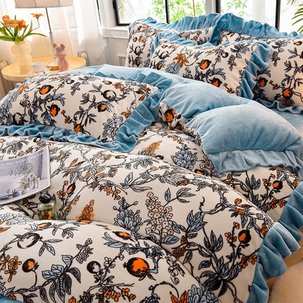 91家纺网 家纺一手货源 找家纺 （总）2025新款韩版荷叶边床裙款高克重印花牛奶绒四件套