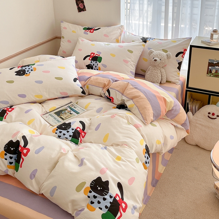 91家纺网 家纺一手货源 找家纺 桃子家居  2024新款纯棉小清新卡通少女13372系列四件套 棉-彩绘喵