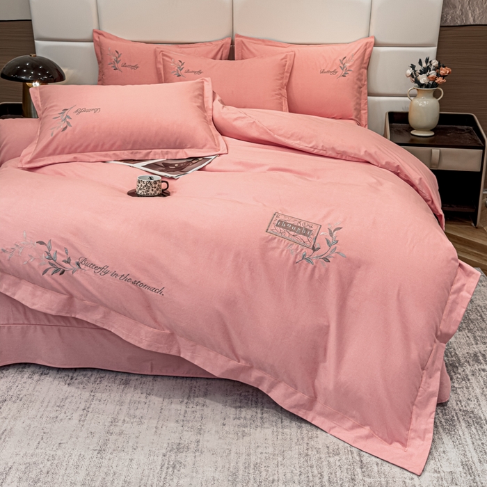 91家纺网 家纺一手货源 找家纺 U品汇 2024新品生态加厚长绒棉纯棉绣花全棉磨毛刺绣四件套宽边款直播 一叶知秋-粉玉